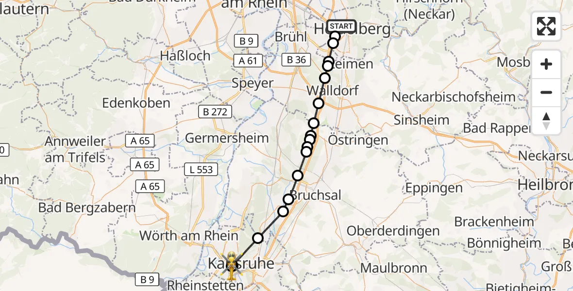 Flugroute Rettungshubschrauber Heidelberg - Sankt Vincentius Hospital, 13 Mai 2026, 14:19