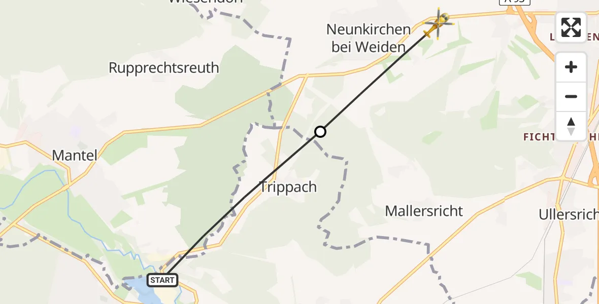 Flugroute Rettungshubschrauber Weiherhammer - Weiden i.d.OPf., 13 Mai 2026, 14:19