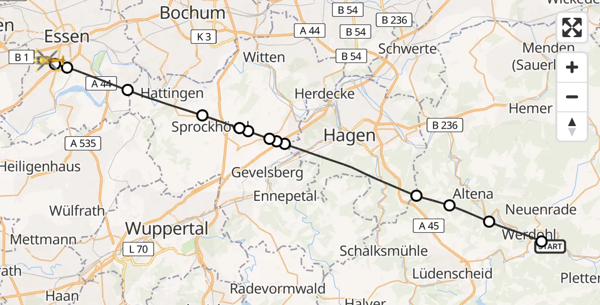 Flugroute Rettungshubschrauber Plettenberg - Essen, 13 Mai 2026, 14:24