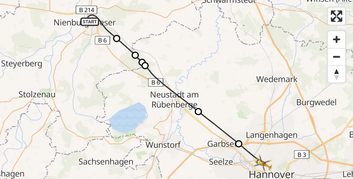 Flugroute Rettungshubschrauber Nienburg (Weser) - Hannover, 13 Mai 2026, 14:26