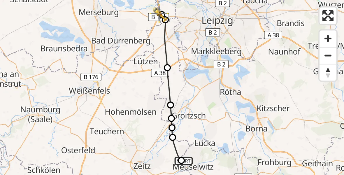 Flugroute Rettungshubschrauber Meuselwitz - ADAC Air Rescue Station Leipzig/Schkeuditz-Dölzig Hubschrauberlandeplatz (Christoph 61), 13 Mai 2026, 14:27