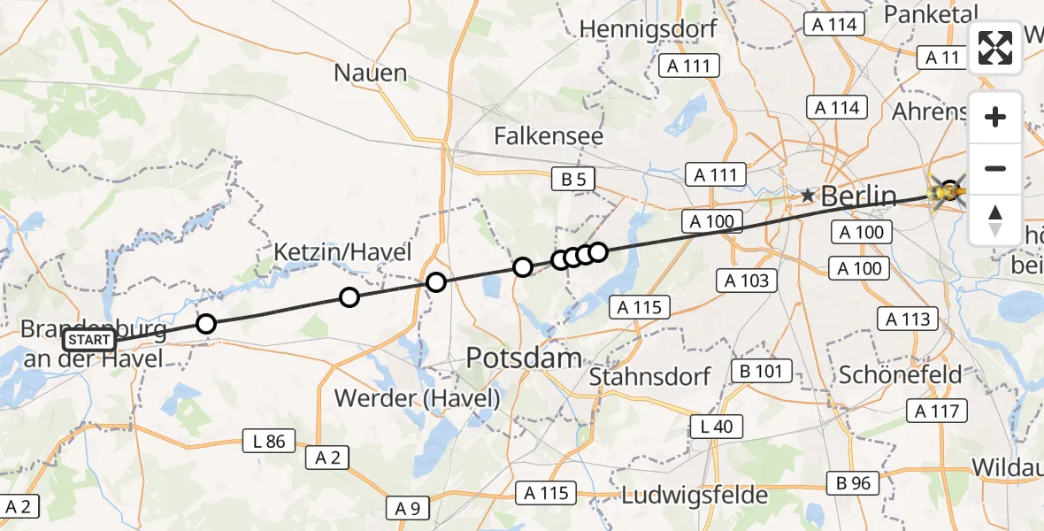 Flugroute Rettungshubschrauber Brandenburg an der Havel - Berlin Emergency Hospital, 13 Mai 2026, 14:36