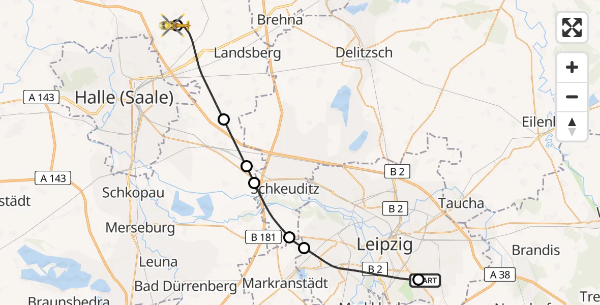 Flugroute Rettungshubschrauber Leipzig Heart Center Ground Hubschrauberlandeplatz - Halle-Oppin Flugplatz, 13 Mai 2026, 14:51