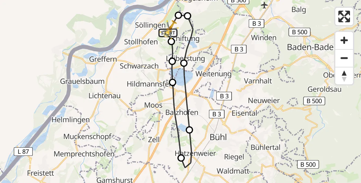Flugroute Rettungshubschrauber Karlsruhe Baden-Baden Flughafen - Karlsruhe Baden-Baden Flughafen, 13 Mai 2026, 14:54