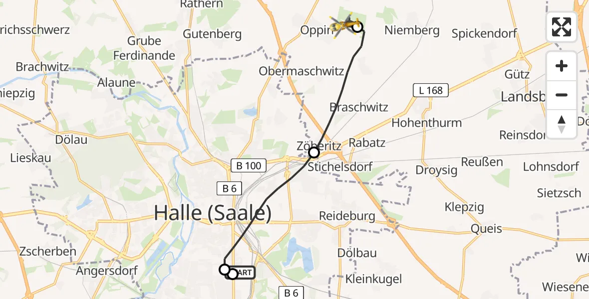 Flugroute Rettungshubschrauber BG Hospital Bergmannstrost Halle - Halle-Oppin Flugplatz, 13 Mai 2026, 14:57