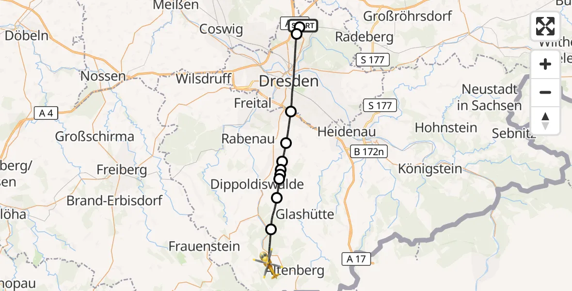 Flugroute Rettungshubschrauber Dresden Bundespolizei Hubschrauberlandeplatz - Altenberg, 13 Mai 2026, 14:58
