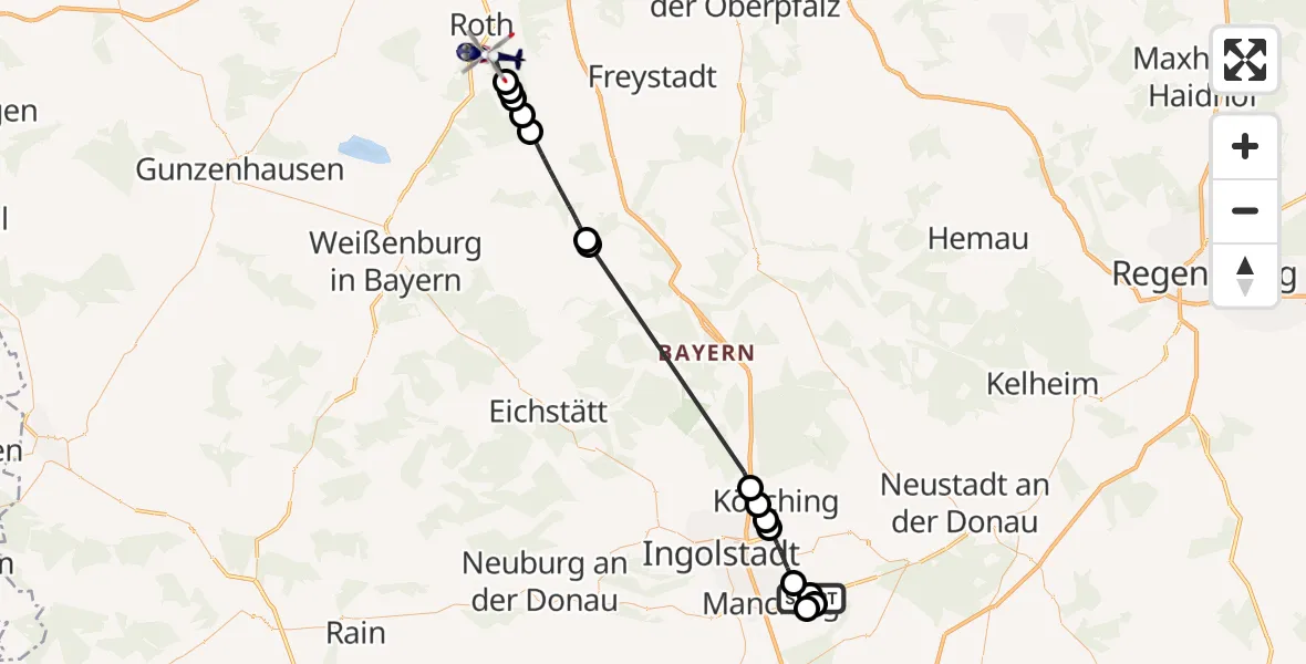 Flugroute Polizeihubschrauber Manching - Flugplatz Roth, 13 Mai 2026, 15:04