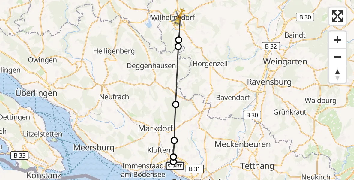 Flugroute Rettungshubschrauber Friedrichshafen Hospital - Wilhelmsdorf, 13 Mai 2026, 15:05
