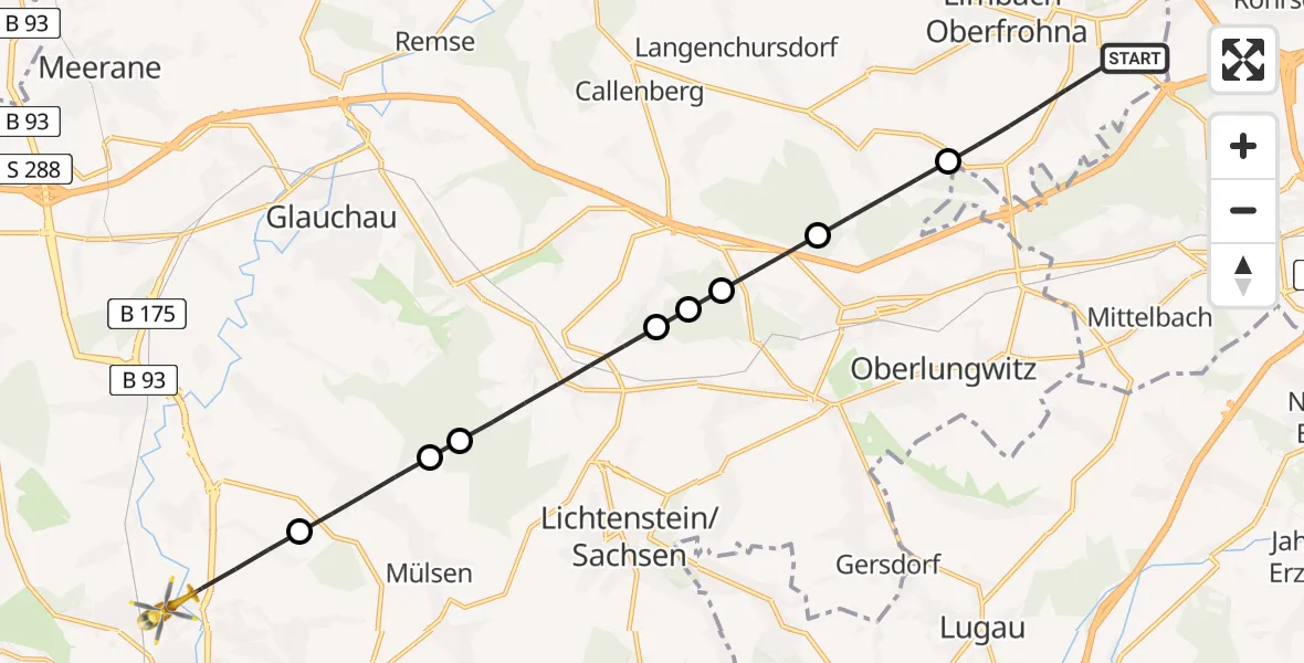 Flugroute Rettungshubschrauber Limbach-Oberfrohna - Zwickau, 13 Mai 2026, 15:05