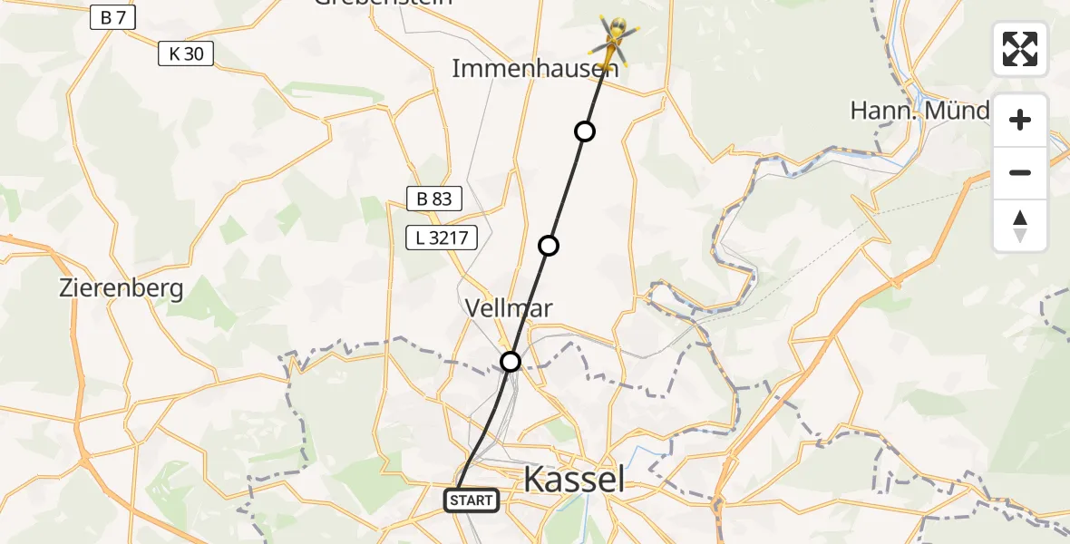 Flugroute Rettungshubschrauber Kassel - Immenhausen, 13 Mai 2026, 15:09