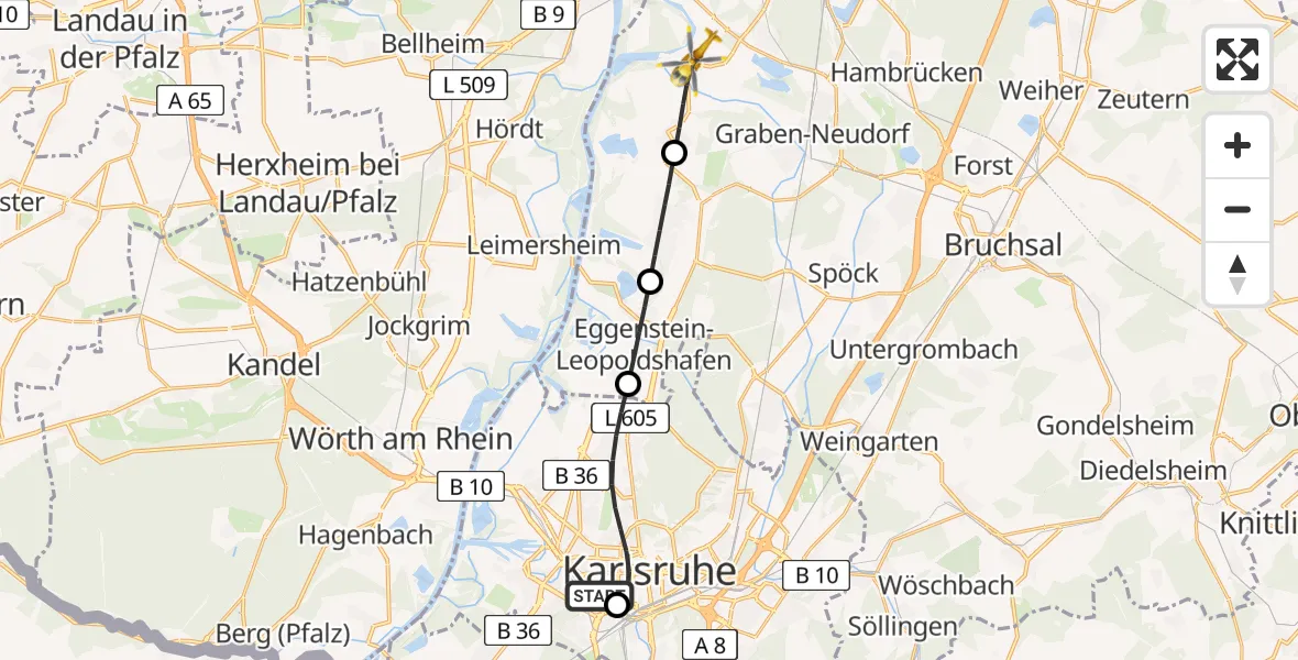 Flugroute Rettungshubschrauber Sankt Vincentius Hospital - Dettenheim, 13 Mai 2026, 15:21