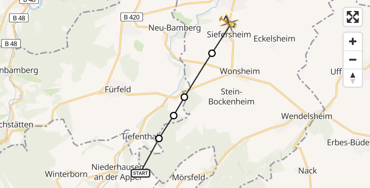Flugroute Rettungshubschrauber Niederhausen an der Appel - Siefersheim, 13 Mai 2026, 15:21