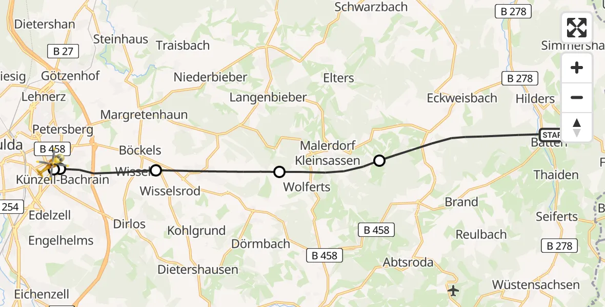 Flugroute Rettungshubschrauber Hilders - Fulda Hospital, 13 Mai 2026, 15:21