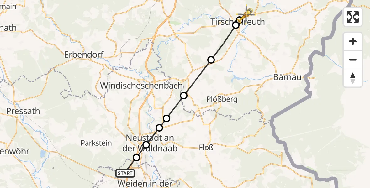 Flugroute Rettungshubschrauber Weiden i.d.OPf. - Tirschenreuth, 13 Mai 2026, 15:21