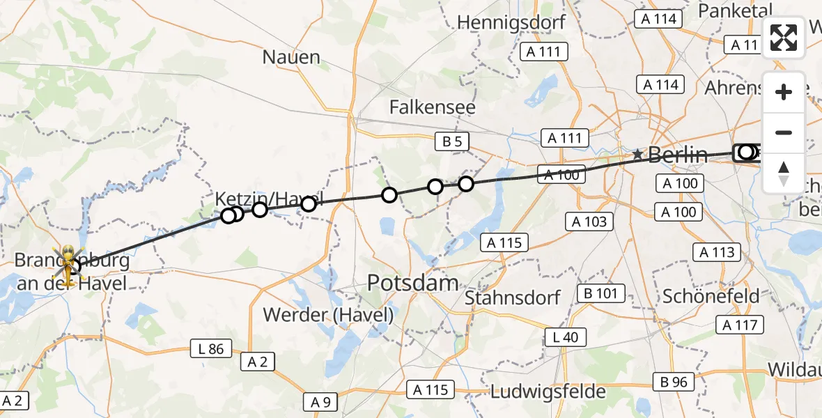 Flugroute Rettungshubschrauber Berlin Emergency Hospital - Brandenburg an der Havel, 13 Mai 2026, 15:37