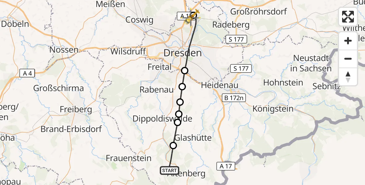 Flugroute Rettungshubschrauber Altenberg - Dresden Bundespolizei Hubschrauberlandeplatz, 13 Mai 2026, 15:38
