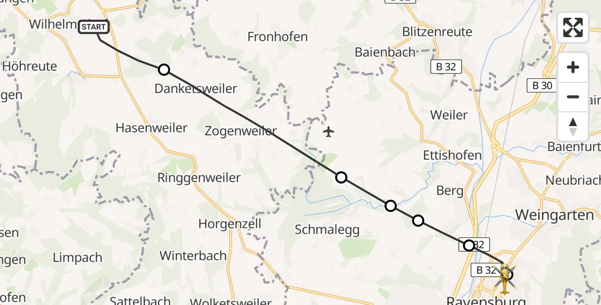 Flugroute Rettungshubschrauber Wilhelmsdorf - Sankt Elisabeth Hospital, 13 Mai 2026, 15:39