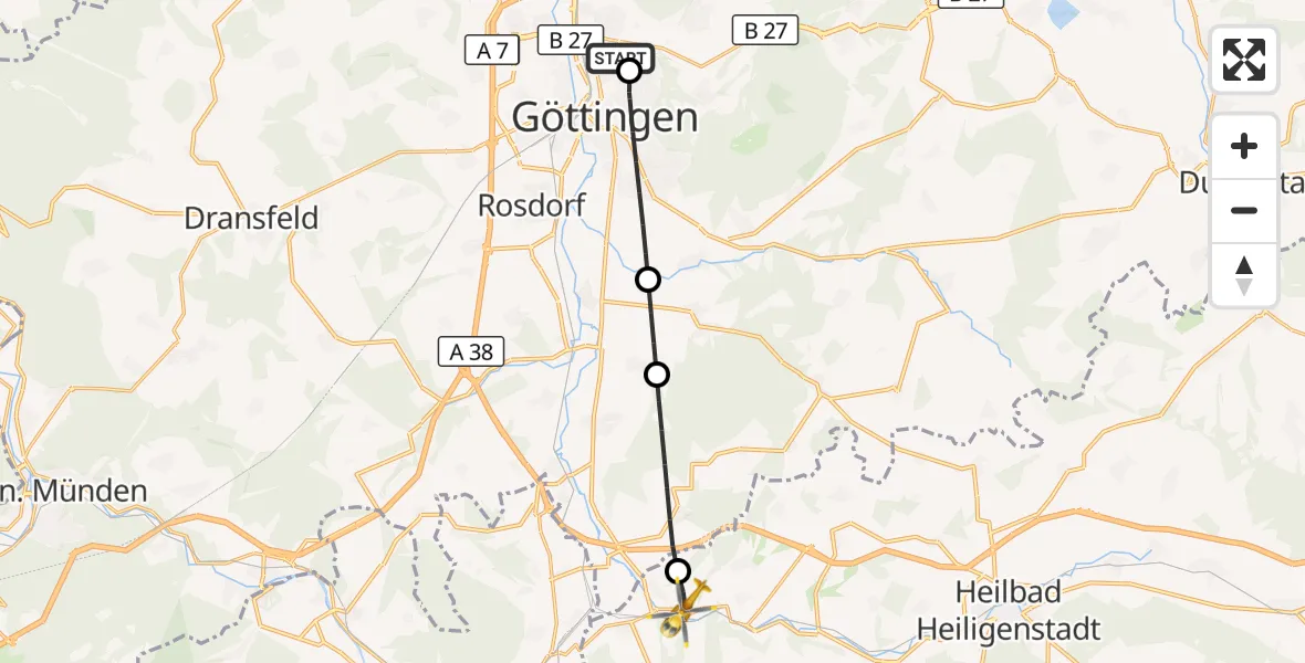 Flugroute Rettungshubschrauber Göttingen University Clinic Hubschrauberlandeplatz - Kirchgandern, 13 Mai 2026, 15:43
