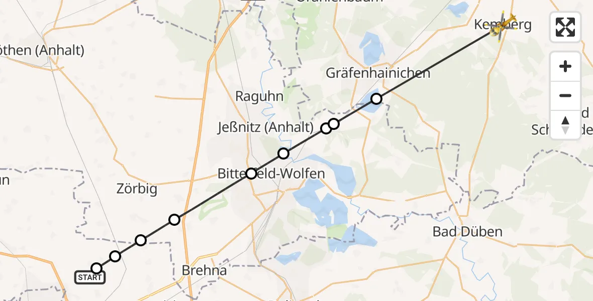 Flugroute Rettungshubschrauber Halle-Oppin Flugplatz - Kemberg, 13 Mai 2026, 15:46