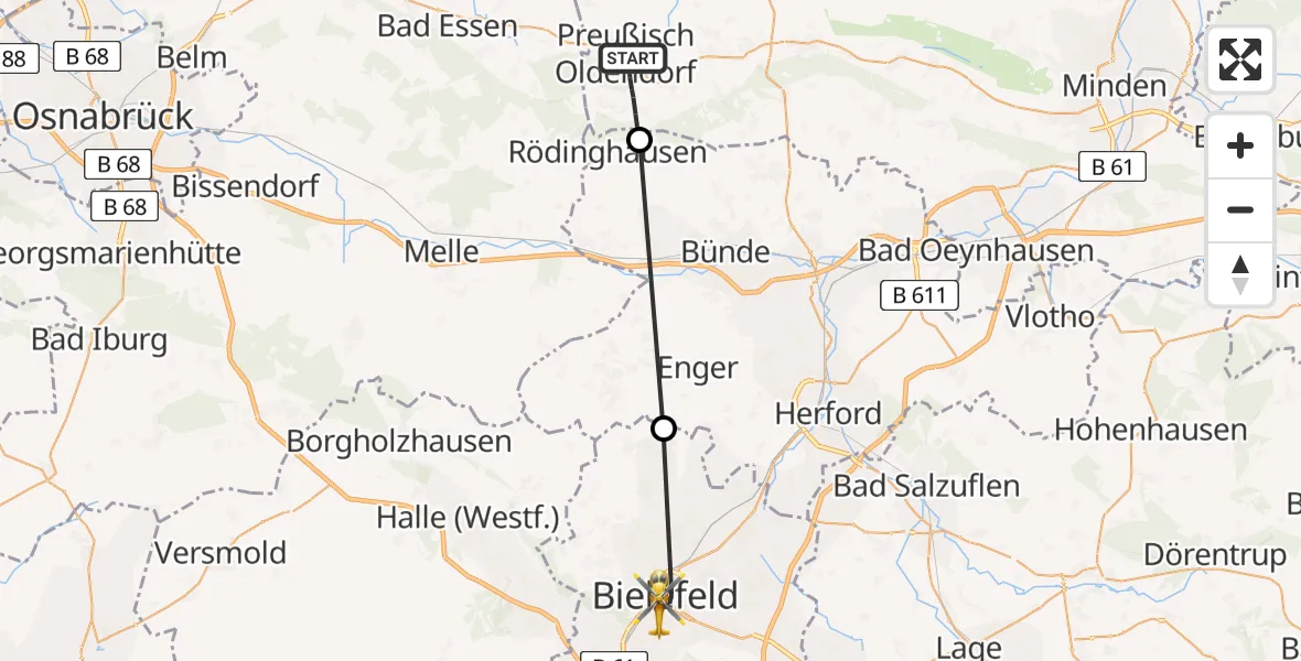 Flugroute Rettungshubschrauber Preußisch Oldendorf - Bielefeld, 13 Mai 2026, 15:53