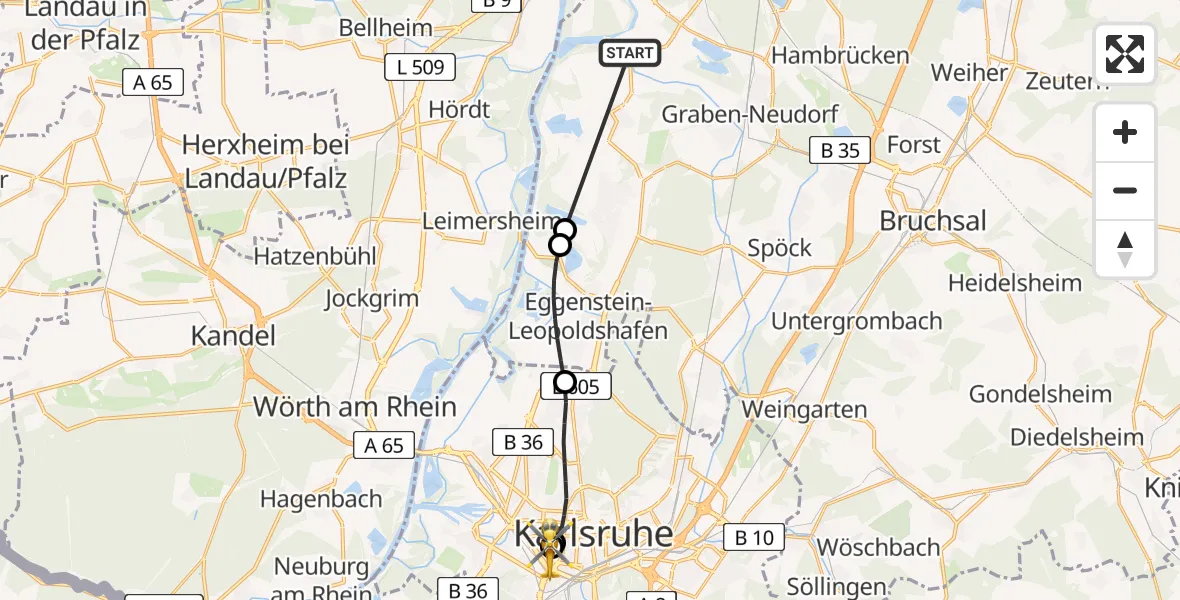 Flugroute Rettungshubschrauber Dettenheim - Sankt Vincentius Hospital, 13 Mai 2026, 16:01