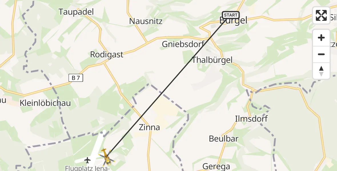 Flugroute Rettungshubschrauber Bürgel - Jena-Schöngleina Flugplatz, 13 Mai 2026, 16:01