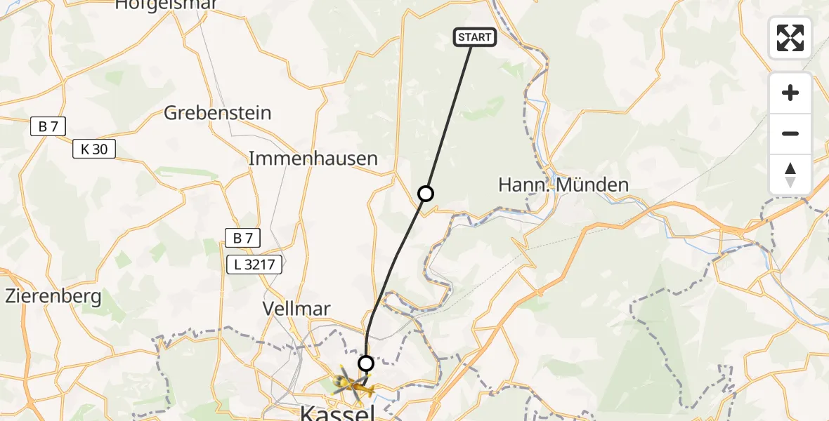 Flugroute Rettungshubschrauber Reinhardshagen - Kassel, 13 Mai 2026, 16:01