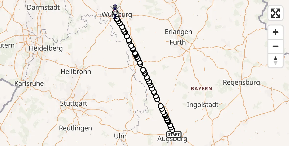 Flugroute Polizeihubschrauber Augsburg Flughafen - Würzburg-Schenkenturm Flugplatz, 13 Mai 2026, 16:01