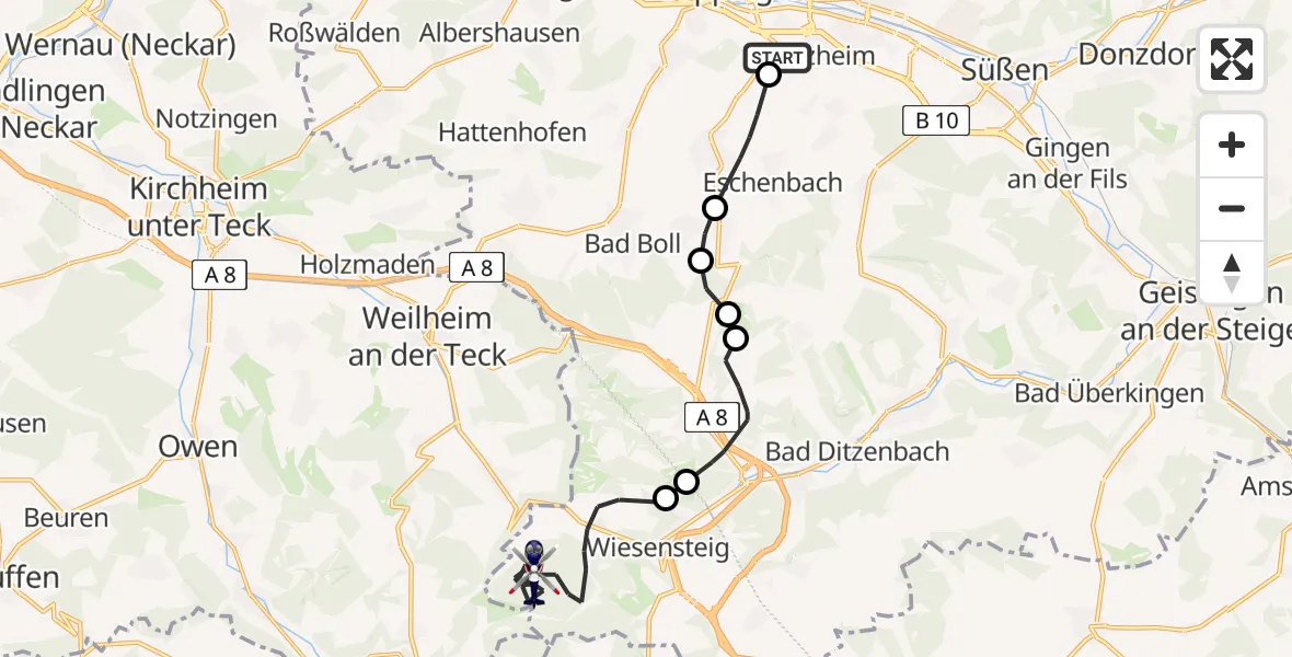 Flugroute Polizeihubschrauber Göppingen - Wiesensteig, 13 Mai 2026, 16:03