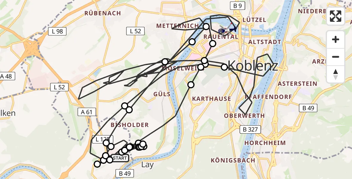 Flugroute Polizeihubschrauber Koblenz-Winningen Flugplatz - Koblenz, 13 Mai 2026, 16:09