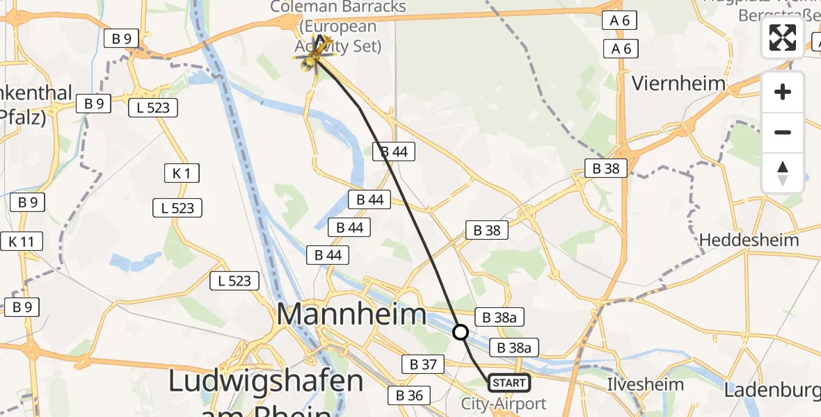 Flugroute Rettungshubschrauber Mannheim-City Flughafen - Mannheim, 13 Mai 2026, 16:12