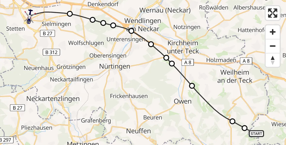 Flugroute Polizeihubschrauber Wiesensteig - Flughafen Stuttgart, 13 Mai 2026, 16:18