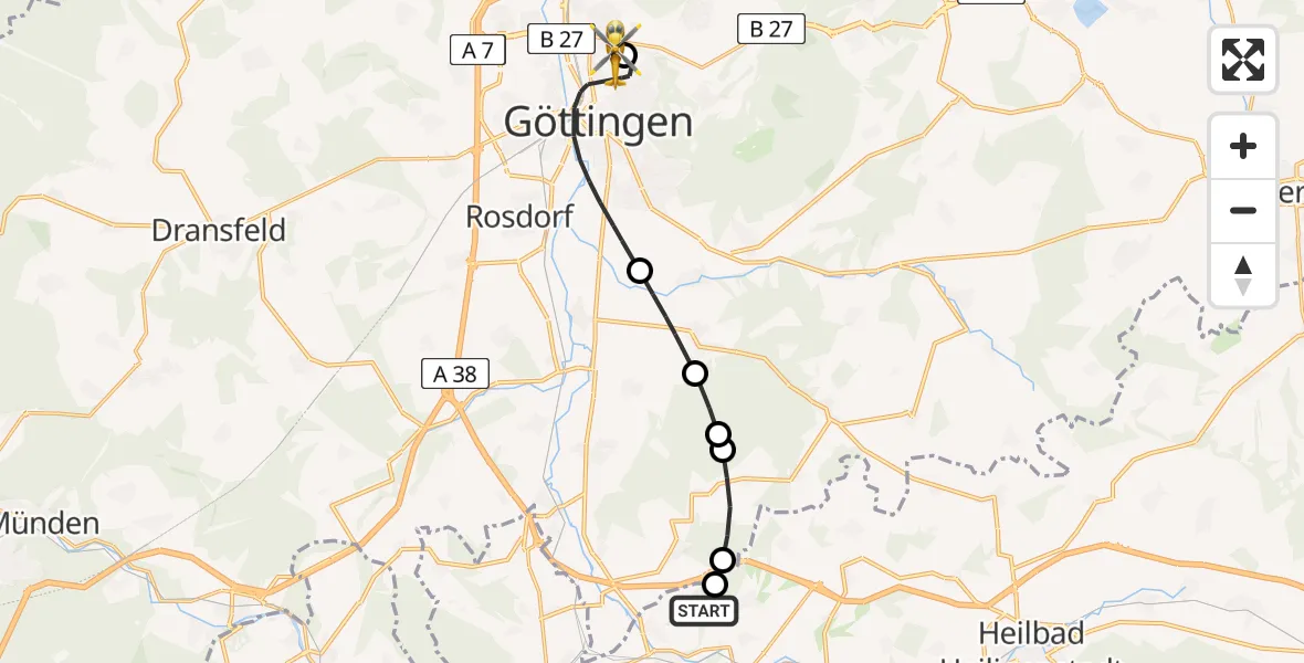 Flugroute Rettungshubschrauber Kirchgandern - Göttingen University Clinic Hubschrauberlandeplatz, 13 Mai 2026, 16:21