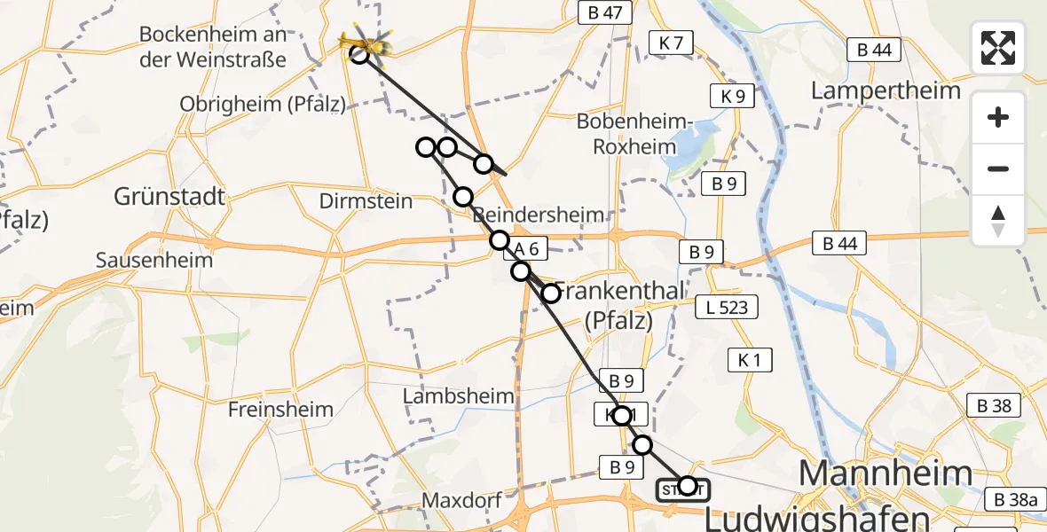 Flugroute Rettungshubschrauber Ludwigshafen am Rhein - Offstein, 13 Mai 2026, 16:25