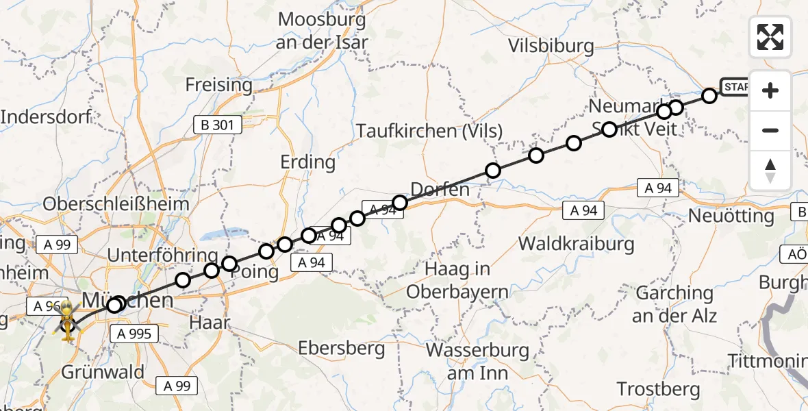 Flugroute Rettungshubschrauber Unterdietfurt - DRF Air Rescue München Hubschrauberlandeplatz, 13 Mai 2026, 16:27