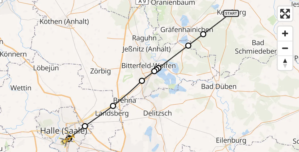 Flugroute Rettungshubschrauber Kemberg - BG Hospital Bergmannstrost Halle, 13 Mai 2026, 16:32