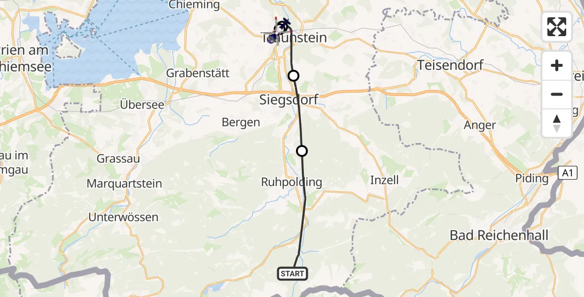 Flugroute Polizeihubschrauber Ruhpolding - Traunstein Hospital, 13 Mai 2026, 16:34