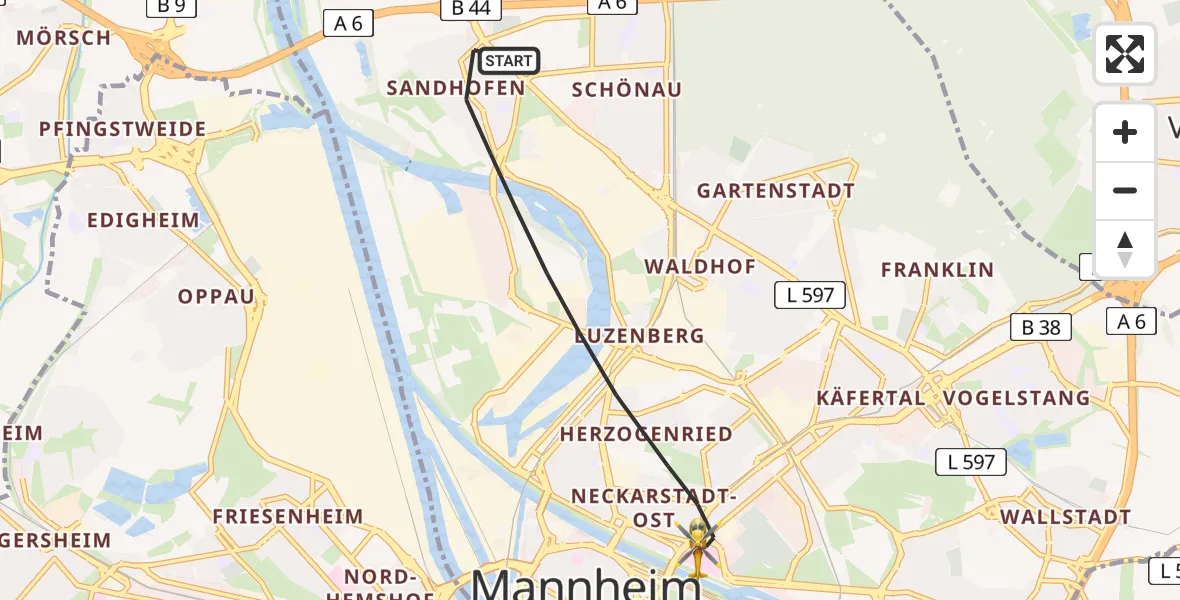 Flugroute Rettungshubschrauber Mannheim - Mannheim, 13 Mai 2026, 16:43