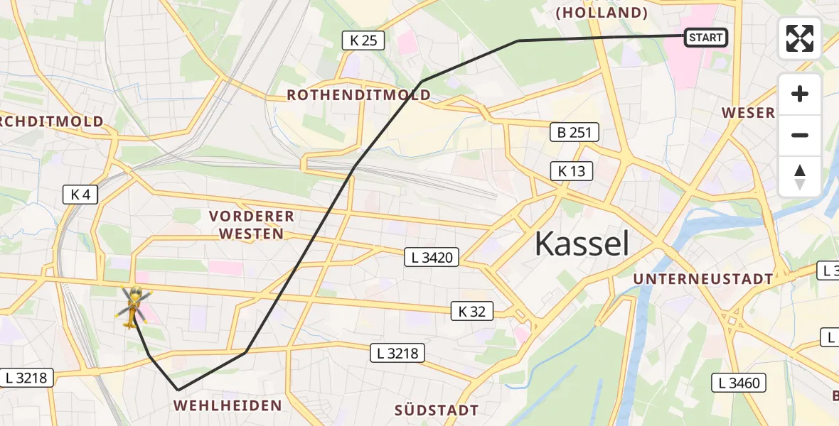 Flugroute Rettungshubschrauber Kassel - Kassel, 13 Mai 2026, 16:45