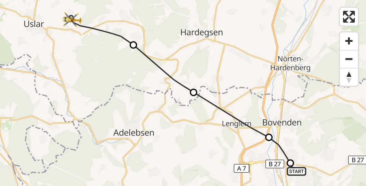 Flugroute Rettungshubschrauber Göttingen University Clinic Hubschrauberlandeplatz - Uslar, 13 Mai 2026, 16:47