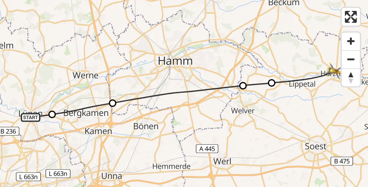 Flugroute Rettungshubschrauber Lünen - Lippetal, 13 Mai 2026, 16:49