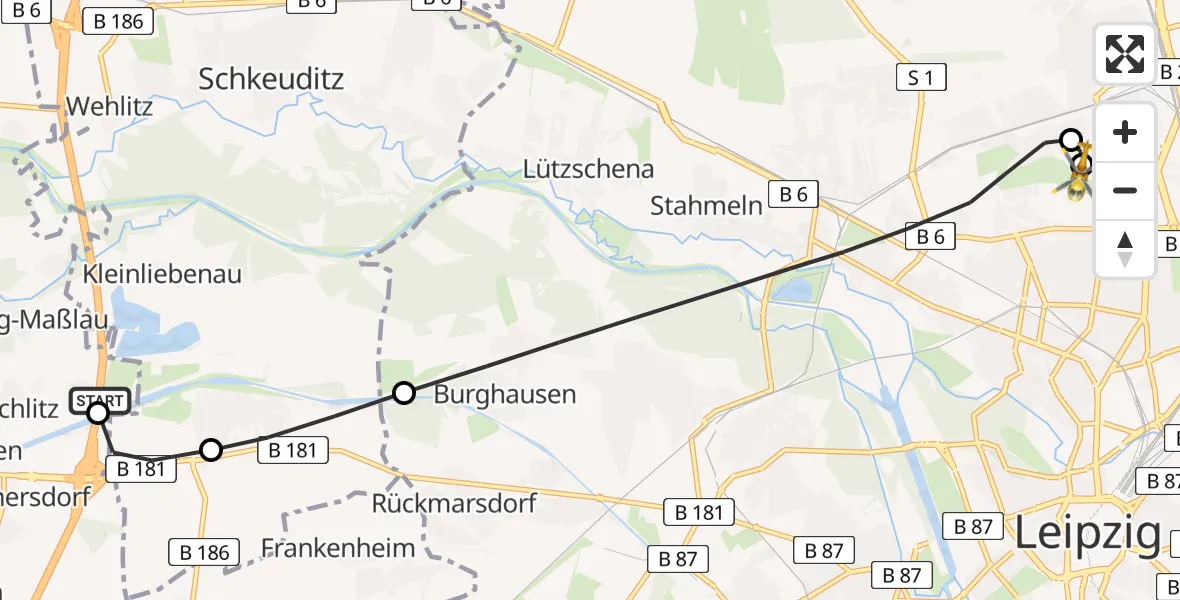 Flugroute Rettungshubschrauber Leuna - Sankt Georg Hospital Leipzig Reserve, 13 Mai 2026, 16:50