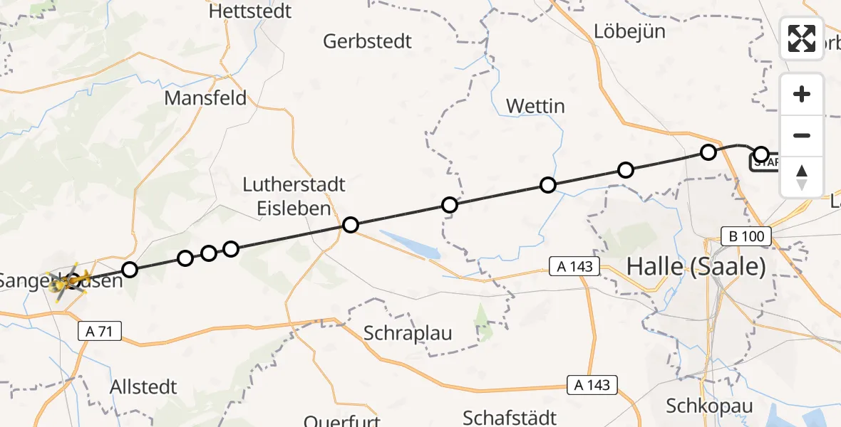 Flugroute Rettungshubschrauber Halle-Oppin Flugplatz - Helios Clinic Mansfeld-Südharz, 13 Mai 2026, 16:51