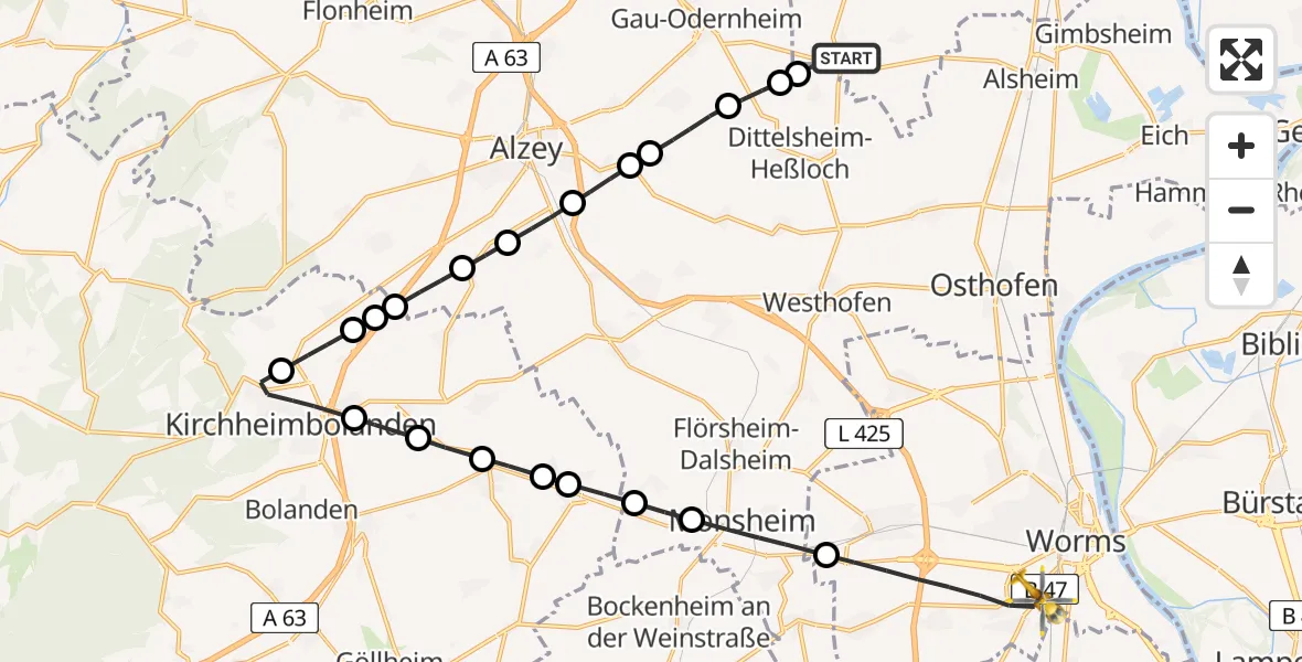 Flugroute Rettungshubschrauber Hillesheim - Worms, 13 Mai 2026, 16:52