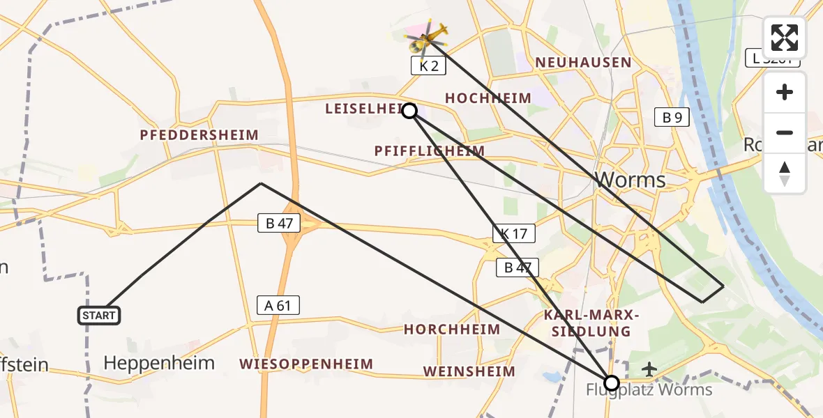 Flugroute Rettungshubschrauber Worms - Worms, 13 Mai 2026, 17:02