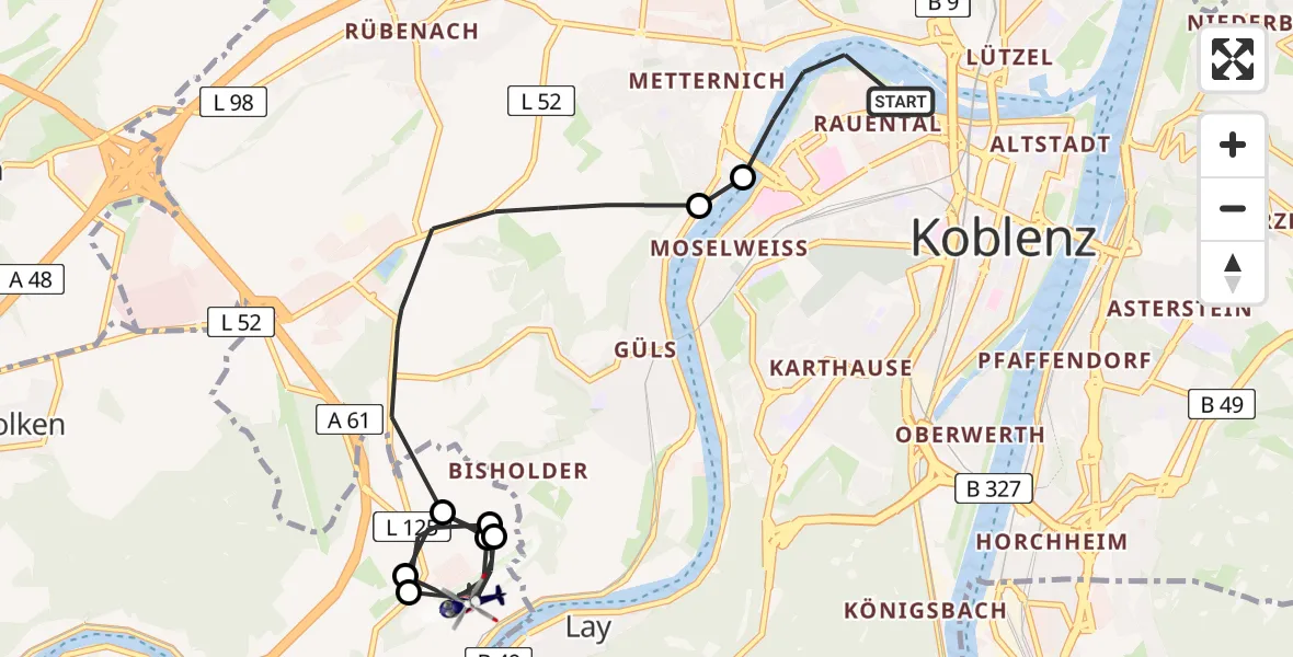 Flugroute Polizeihubschrauber Koblenz - Koblenz-Winningen Flugplatz, 13 Mai 2026, 17:05