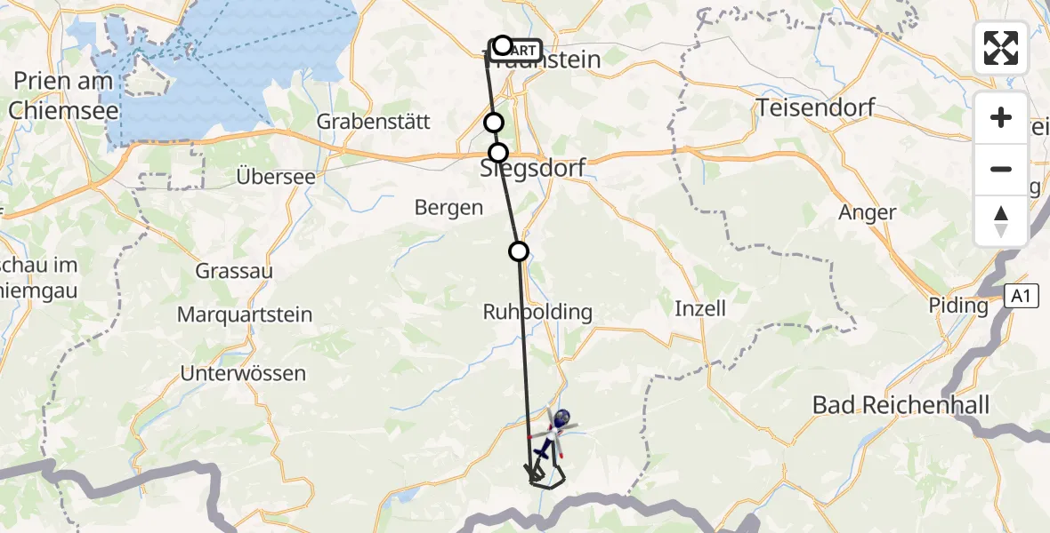 Flugroute Polizeihubschrauber Traunstein Hospital - Ruhpolding, 13 Mai 2026, 17:07
