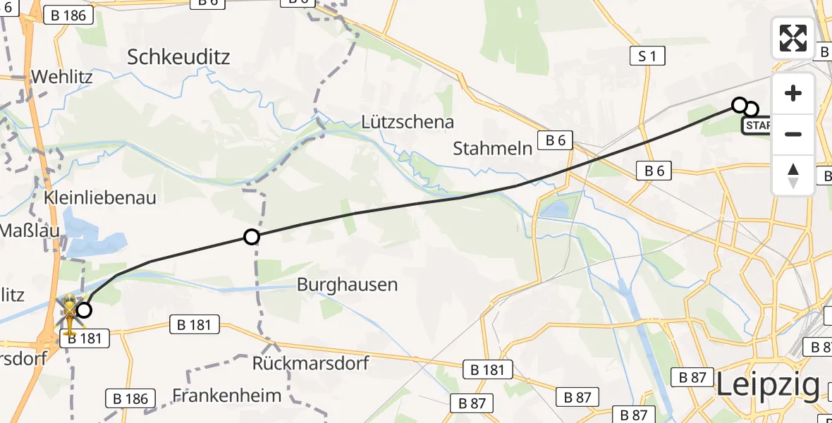 Flugroute Rettungshubschrauber Sankt Georg Hospital Leipzig Reserve - ADAC Air Rescue Station Leipzig/Schkeuditz-Dölzig Hubschrauberlandeplatz (Christoph 61), 13 Mai 2026, 17:12