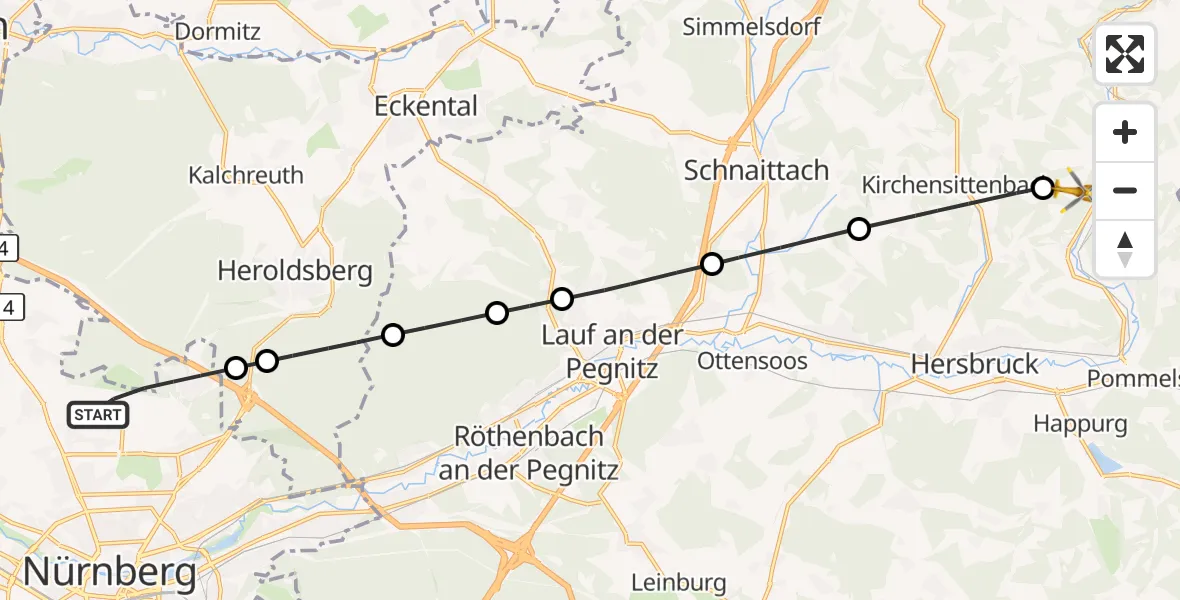 Flugroute Ambulanzhubschrauber Flughafen Nuremberg - Vorra, 13 Mai 2026, 17:12