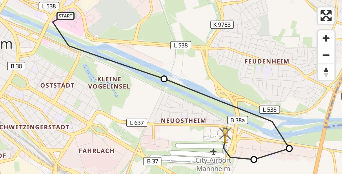 Flugroute Rettungshubschrauber Mannheim - Mannheim-City Flughafen, 13 Mai 2026, 17:14